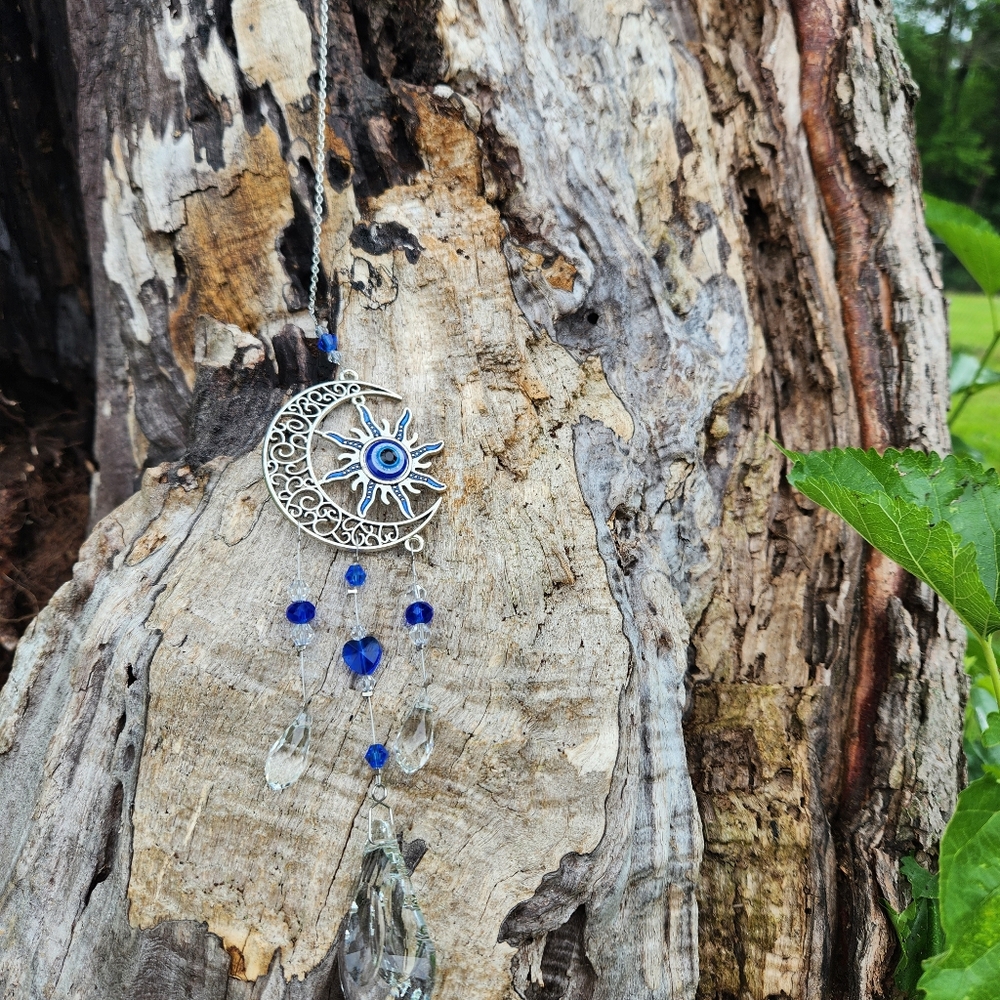 Silver Sun & Moon Suncatcher with Crystals!